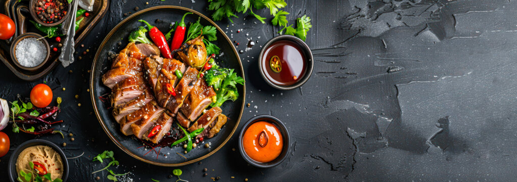 Traditional roasted turkey with herbs and sauce banner. Baked duck breast with aromatic spices on a black plate on dark background. Restaurant menu, recipe. Baked chicken with vegetables. Copy space