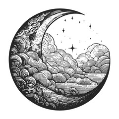 Vintage celestial engraving of a crescent moon encompassing a sun with swirling clouds and stars. Sketch engraving generative ai vector illustration. Scratch board imitation. Black and white image. - obrazy, fototapety, plakaty