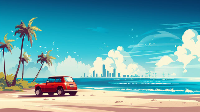 red classic car on beach  