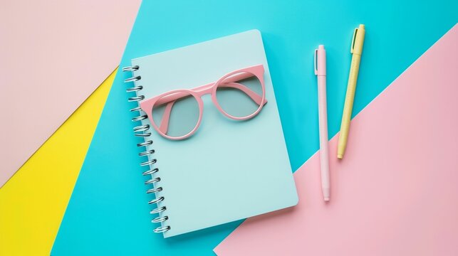 horizontal, top view of blue notebook on isolated blue background with copy space for text. Back to school concept. For teacher day, mockup, layout, design, template, writers, banner, presentation