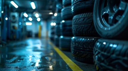 Stacked new car tires glistening in a professional garage setting - obrazy, fototapety, plakaty