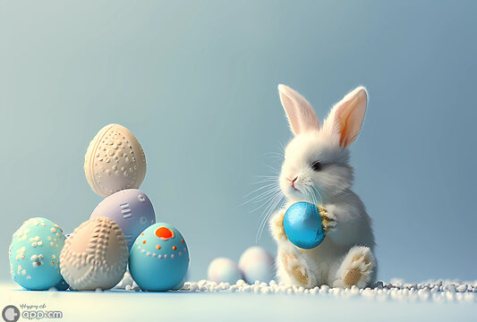 Cute white baby bunny sitting and holding a blue Easter egg