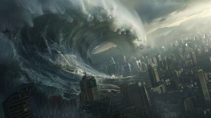 A huge tsunami wave engulfing the city - obrazy, fototapety, plakaty