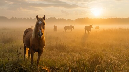 In the morning on the grassland grazing horses, with light dust, scenery - obrazy, fototapety, plakaty