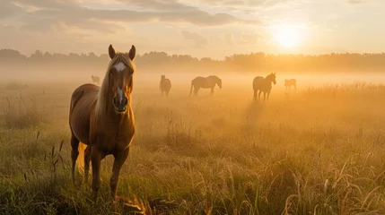 Fotobehang In the morning on the grassland grazing horses, with light dust, scenery © SHI