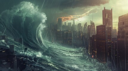 A huge tsunami wave engulfing the city - obrazy, fototapety, plakaty
