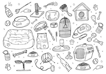 Hand drawn doodle Pets stuff and supply icons set. Vector illustration. Vet symbol collection. Cartoon dogs and cats care elements: kennel, leash, food, paw, bowl, bone and other goods for pet shop