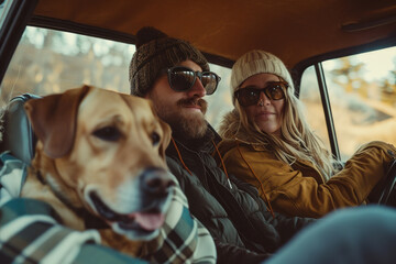 Couple with a Dog in the Back Seat of a Car, Enjoying a Drive Together