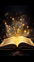 Golden magic book with spells, golden glow around	
