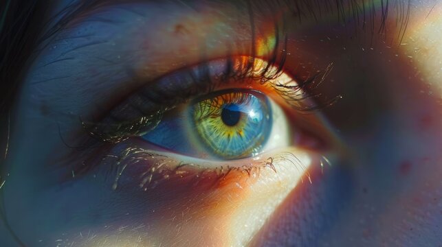 An eye of woman with rainbow light