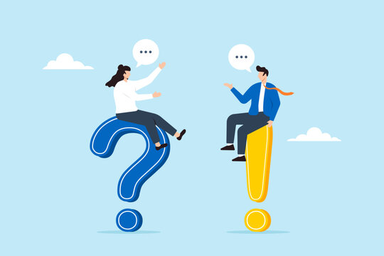 Businessman and businesswoman sit on question and answer mark, illustrating qa session. Concept of faq, and discussions to find solutions, brainstorm ideas, conversation, or quiz