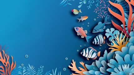 Fototapeta na wymiar Fish and water plants on a blue background and place for text The concept of World Oceans Day. 