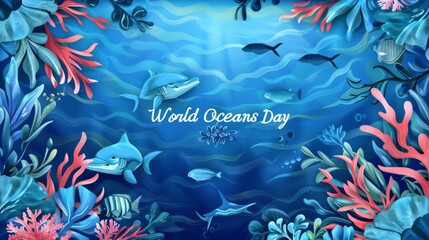 Fototapeta na wymiar Fish and water plants on a blue background and place for text The concept of World Oceans Day.