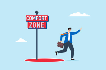 Obraz premium Businessman steps out of comfort zone circle, illustrating initiative to get out of safe zone. Concept of courage, determination, explore new opportunities, and overcome limitations
