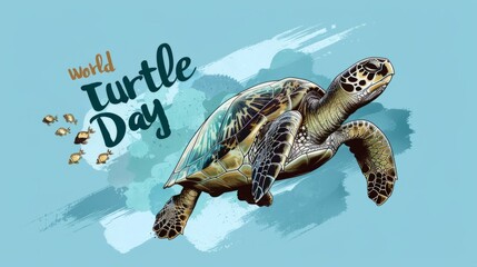 A banner with a turtle on a blue background and place for text. The concept of World Turtle Day. 