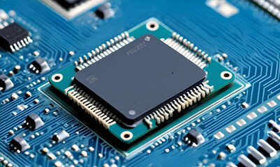 CloseUp View of an Intricate Blue Printed Circuit Board with Central Microprocessor Generative ai