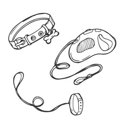 Doodle dog leash line set sketch in vector