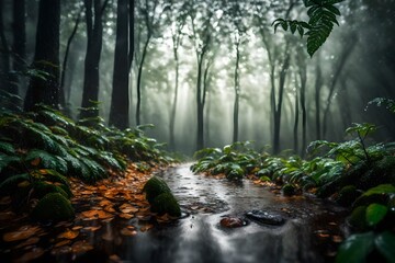 A gentle rain shower passing through the forest, with droplets glistening on leaves and creating a refreshing aura in the woods. - obrazy, fototapety, plakaty