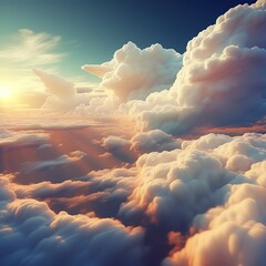 Beautiful aerial view above clouds at sunset - obrazy, fototapety, plakaty