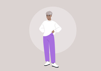 A silver-haired gender neutral figure stands confidently, dressed in trendy purple pants and a crisp white top