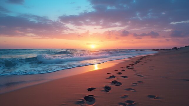 Tranquil sunset beach with gentle waves and footprints on sandy shore, serene coastal scene