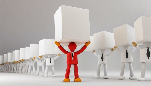 3D illustration about leadership and teamwork. Red leader leading by example carrying a representative box.
