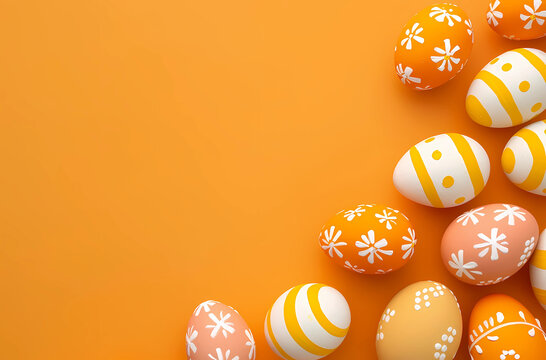Easter background with painted eggs on an orange color
