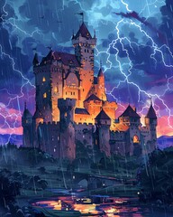 Cartoons of Medieval castle during a thunderstorm, lightning strikes, dramatic angle