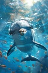 Character Design of Dolphin with sonar headphones, underwater, crystal clear, action shot - obrazy, fototapety, plakaty