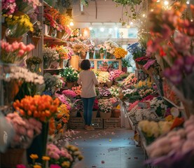 woman working in a florist shop full of blooming bouquets and plants