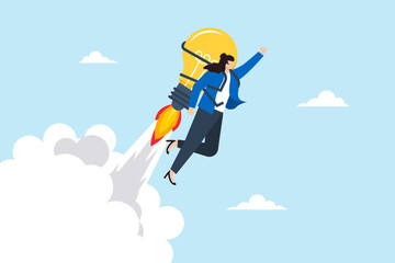 Businesswoman flying high using lightbulb jetpack, illustrating innovation and creativity. Concept of ideas, motivation to reach success goals, career development, and business growth