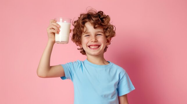 child boy holding milk ,Wear a blue shirt on pink background.