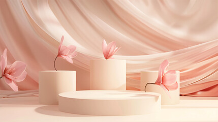 3D rendering, minimalism clean background with three round podiums on the right side of the picture, light pink and beige colors, silk fabric in soft tones, high resolution, soft shadows, flower