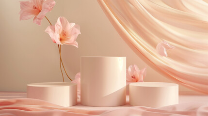 3D rendering, minimalism clean background with three round podiums on the right side of the picture, light pink and beige colors, silk fabric in soft tones, high resolution, soft shadows, Flower