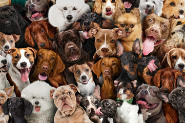 Collage of various dog breeds with different expressions and fur colors. Veterinary service...