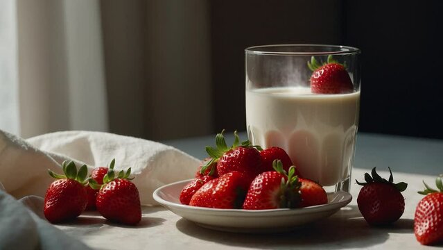 strawberries and a glass of warm milk