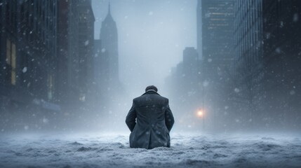 A trader walks in a cold snowing street. Finance and investment theme concept.