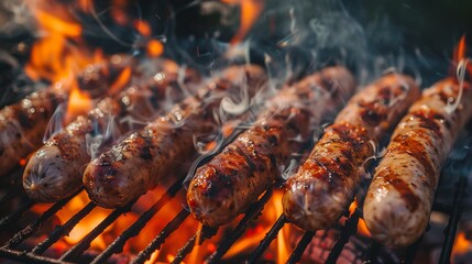 sausages are grilled on an open fire in summer