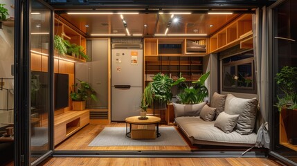 A compact urban home with foldable furniture and multifunctional spaces - obrazy, fototapety, plakaty