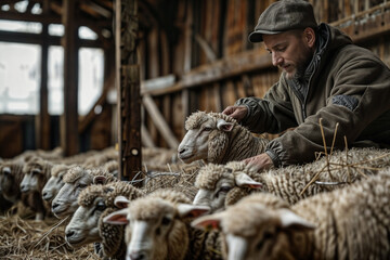 Fototapeta premium Shepherd tending to his flock in the barn