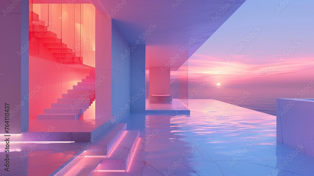 Poster a minimalist cube house with walls that change color based on mood