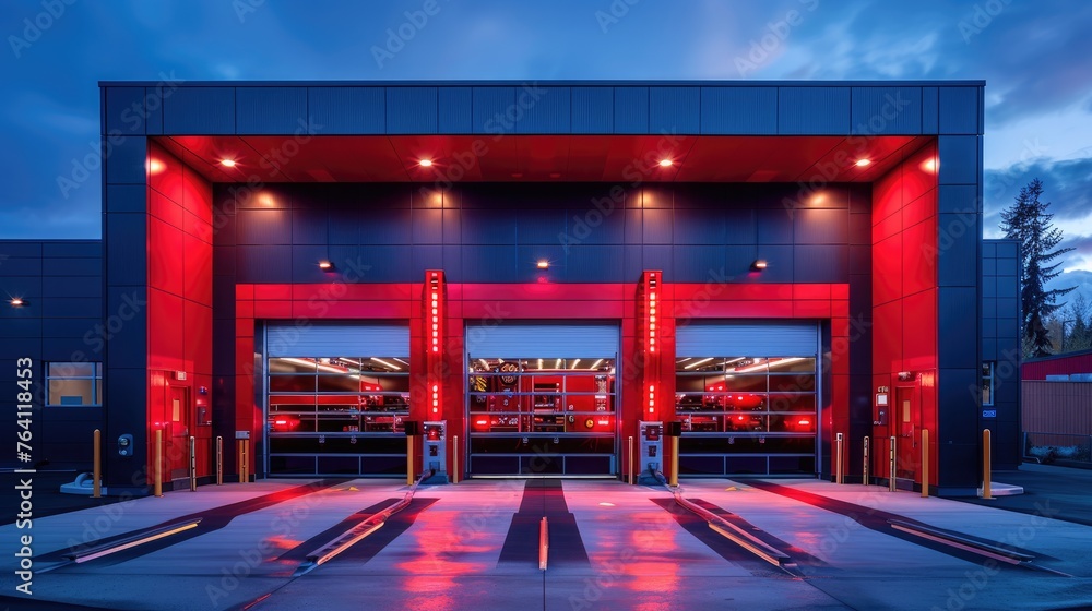 Wall mural a modern fire station with neon safety signs and state-of-the-art equipment