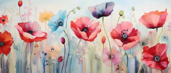 Abstract art, colorful painting art of watercolor of poppy for banner background. - 764118426