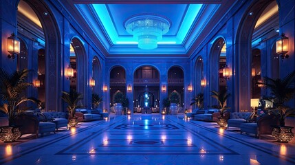 Fototapeta na wymiar A luxurious hotel lobby with neon royal blue lighting and opulent furnishings