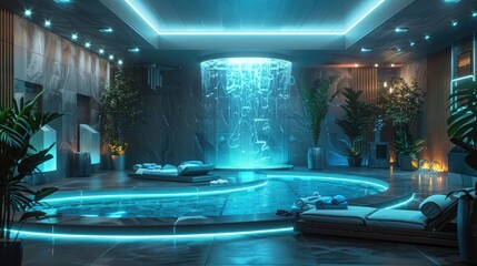 A luxurious spa room with neon light blue water features and tranquil atmosphere