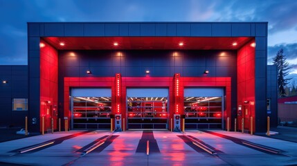 A modern fire station with neon safety signs and state-of-the-art equipment - obrazy, fototapety, plakaty