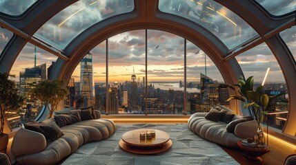 A luxury penthouse with a 360-degree skyline view and a retractable glass ceiling - obrazy, fototapety, plakaty