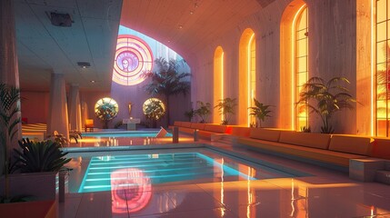 A modernist church with neon spiritual motifs and peaceful prayer areas