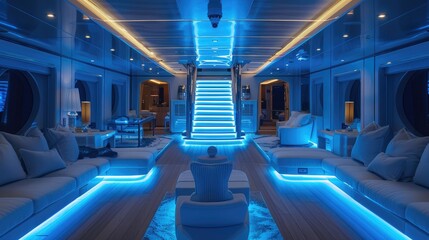 A luxury yacht interior with neon marine blue lighting and nautical decor