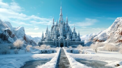 Frozen fantasy castle in ice age .3 Iced cathedral landscape concept art - obrazy, fototapety, plakaty